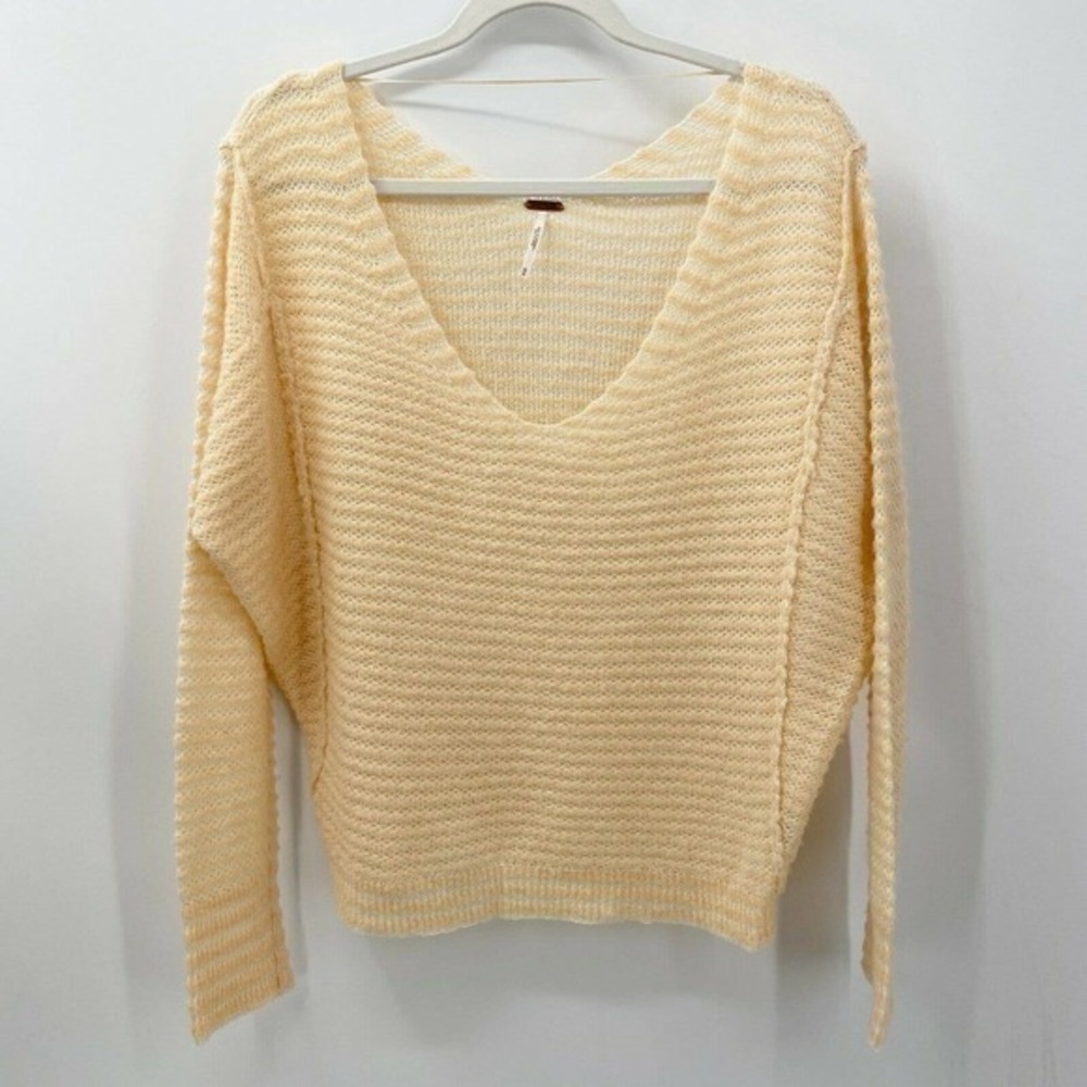 Free People Peach Striped Linen Wool Blend V-Neck Batwing Oversized Sweater XS
